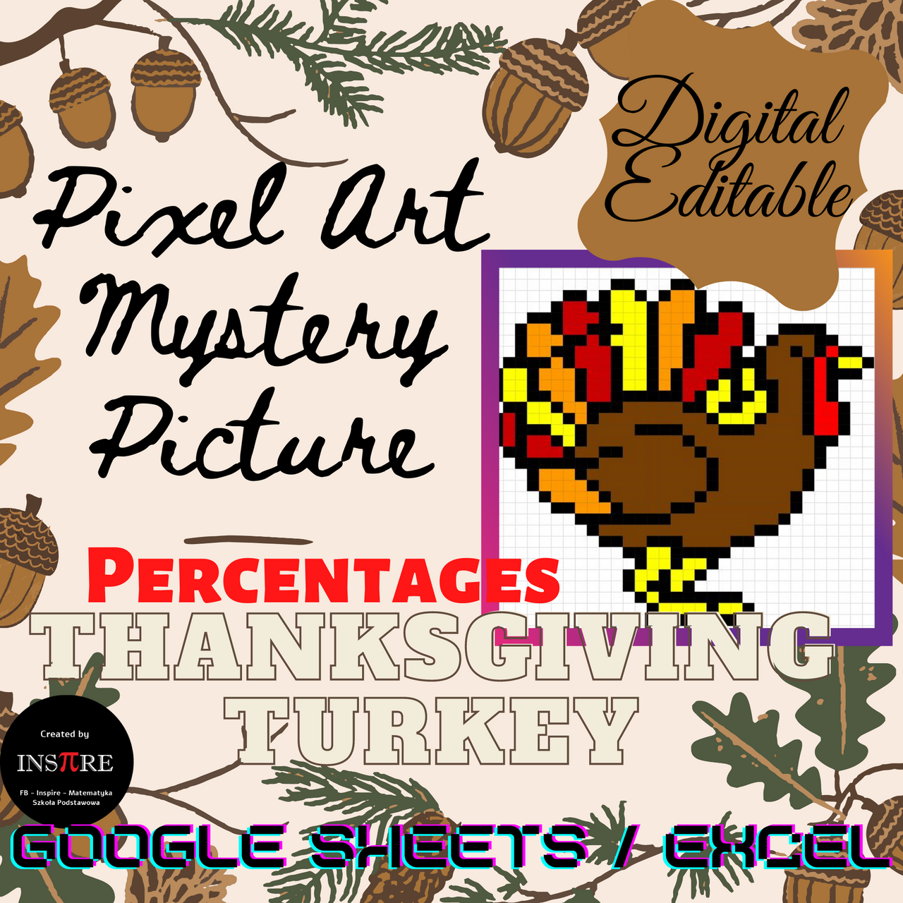 Percentages, Percents - Thanksgiving turkey Math Pixel Art Mystery Picture Editable