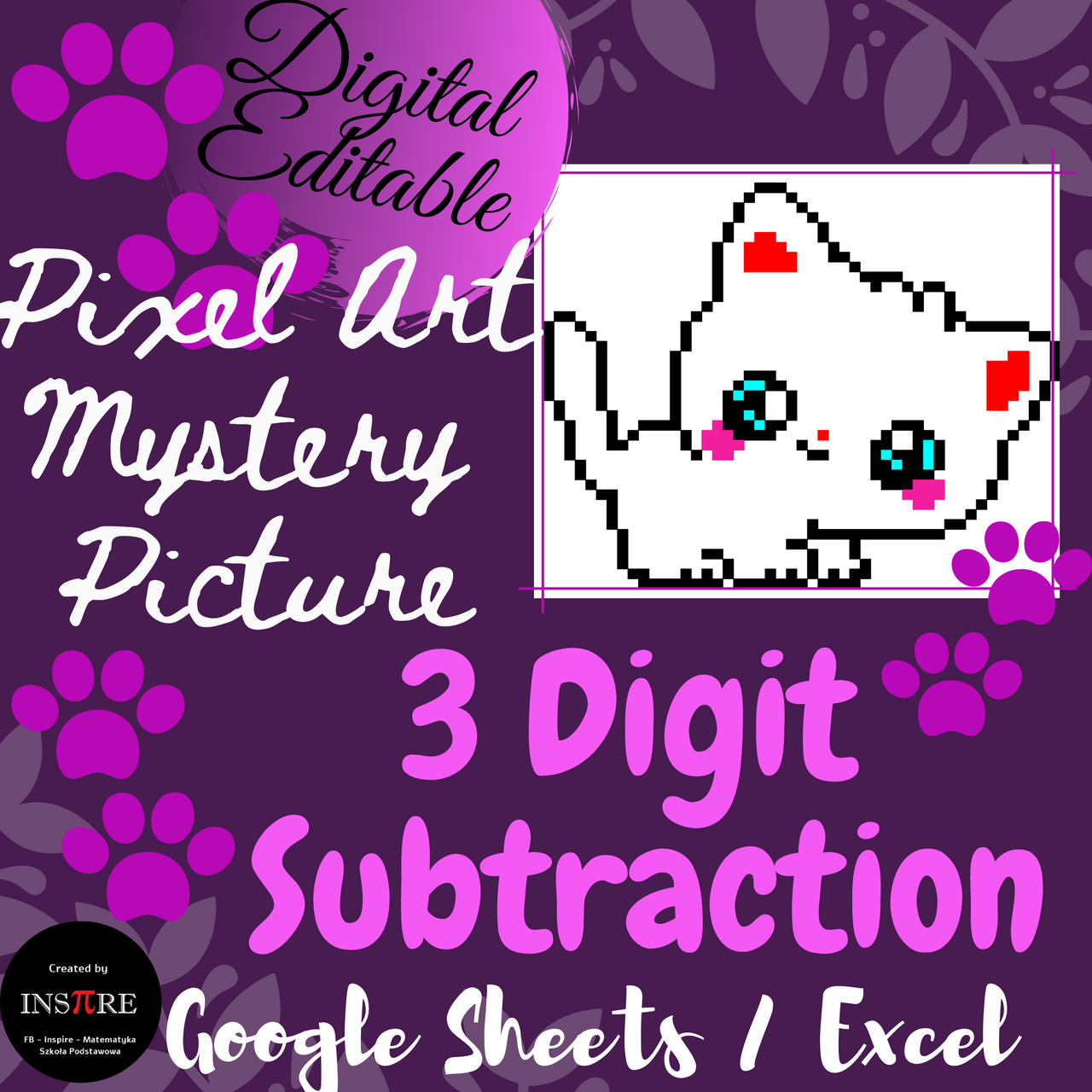 3 Digit Subtraction with Regrouping Cat Math Pixel Art Mystery Picture EDITABLE