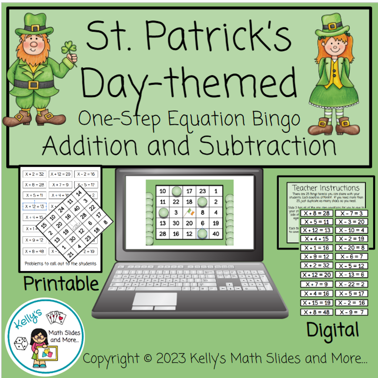 St. Patrick's Day One-Step Equation Bingo Game - Addition and Subtraction 