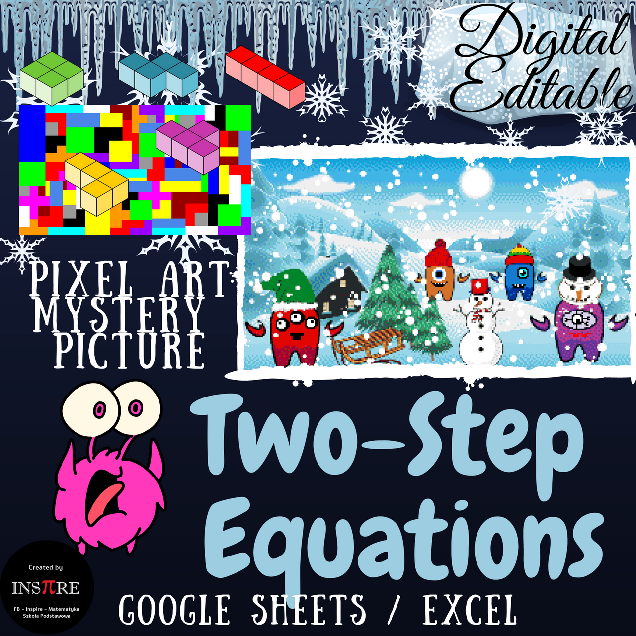 Two Step Equations January Winter Tetris Math Pixel Art Monsters Editable Amped Up Learning