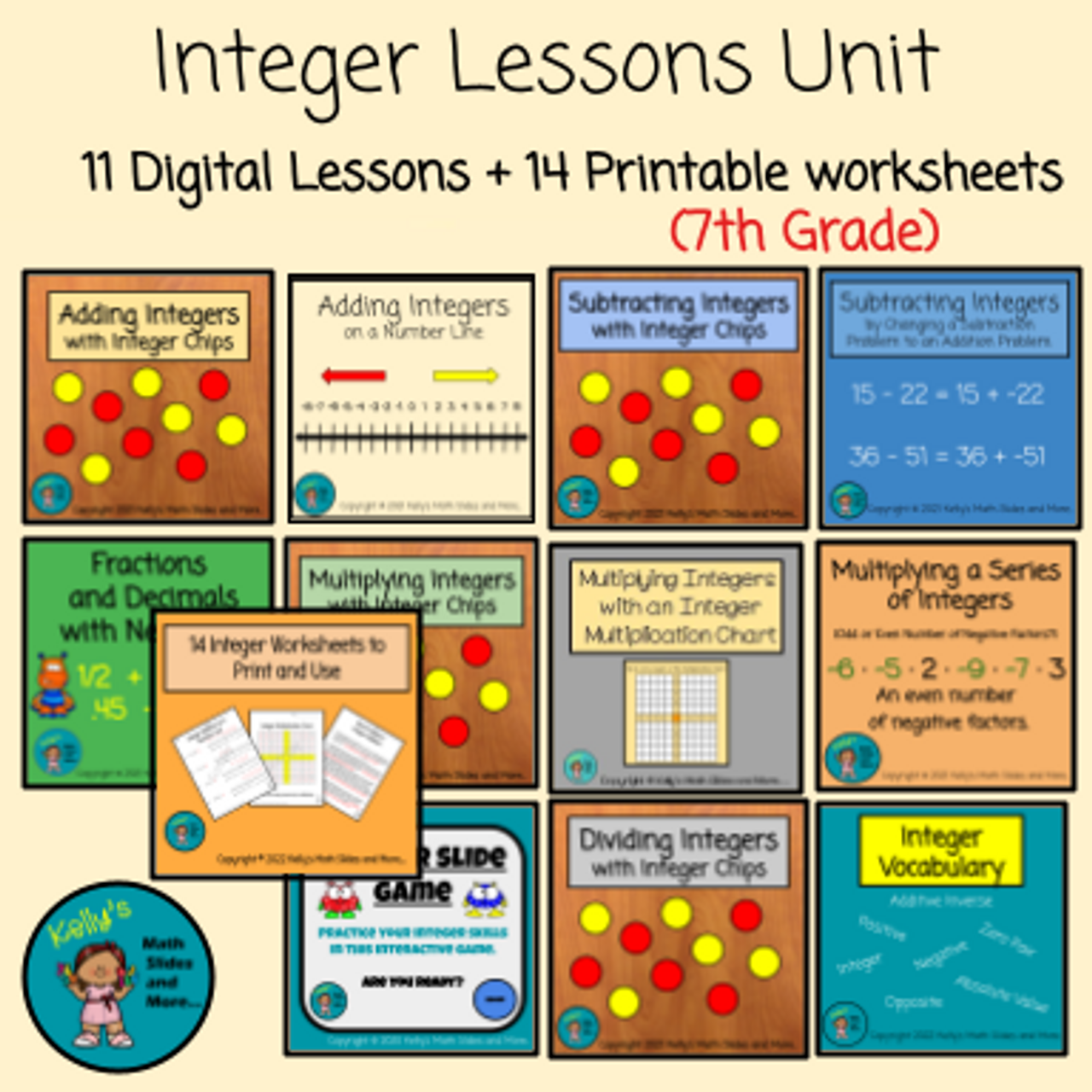 Integers Unit - 11 Digital Lessons plus 14 printable worksheets