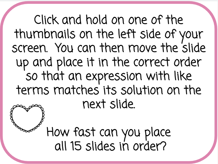Combining Like Terms Race - Valentine's Day Version