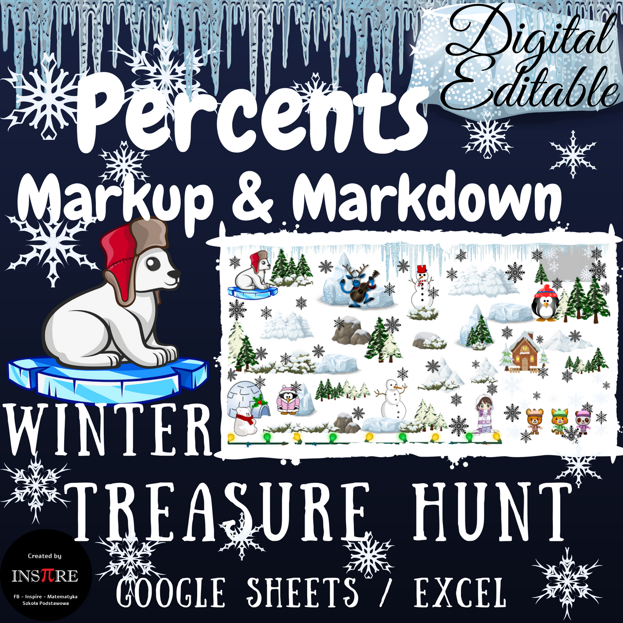 Winter Treasure Hunt - Percents, Markup & Markdown, Discount - Polar Bear  EDITABLE in Google Sheets/ **Excel.
