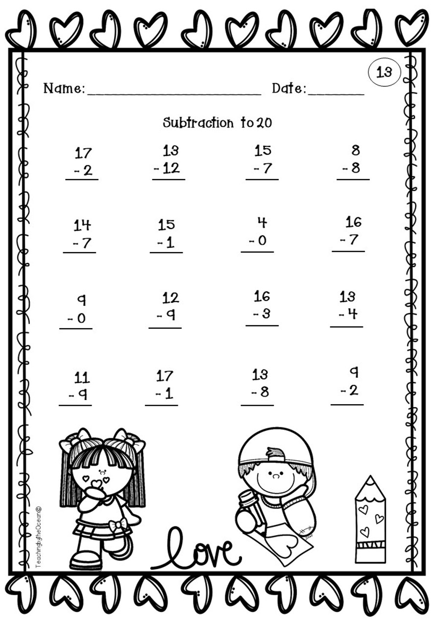 Valentine's Day Subtraction to 20 Fact Fluency Worksheets