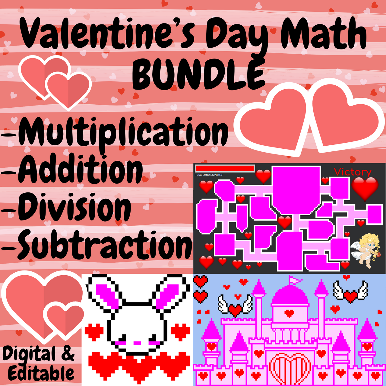 Valentine’s Day Math BUNDLE Math Games Digital & Editable Pixel Art Mystery