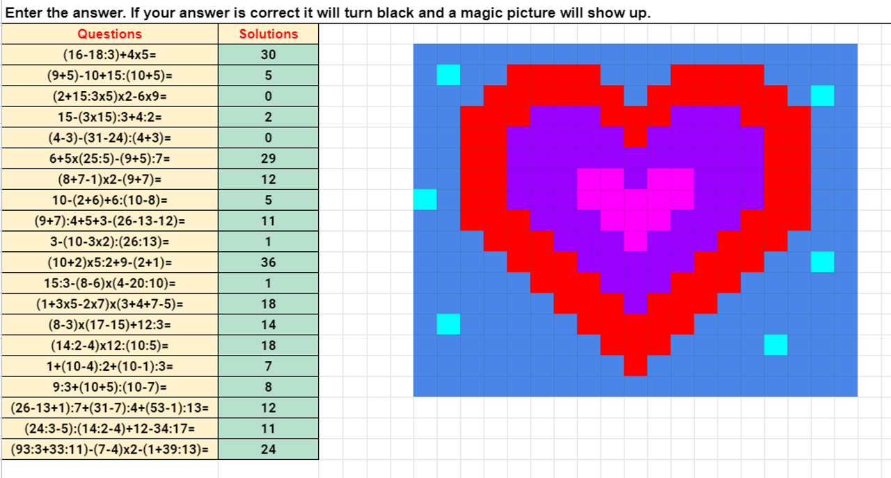 Valentine's Day Order of Operations Hard Pixel Art Activity Google Sheets