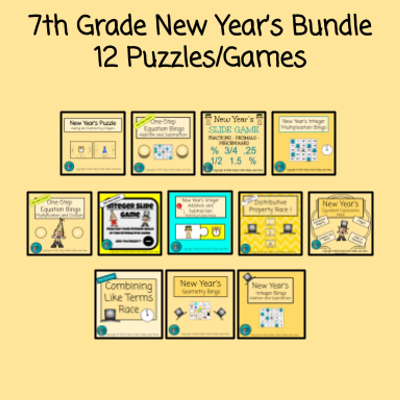 7th Grade New Year's Bundle of 12 Games/Puzzles