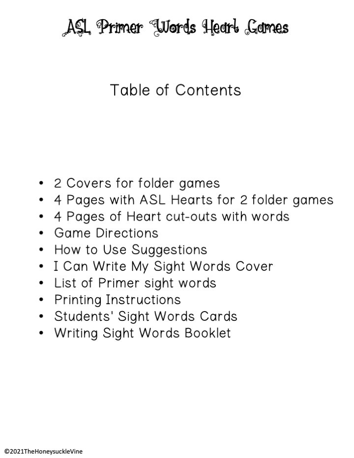 Special Education ASL Primer Words Heart Games