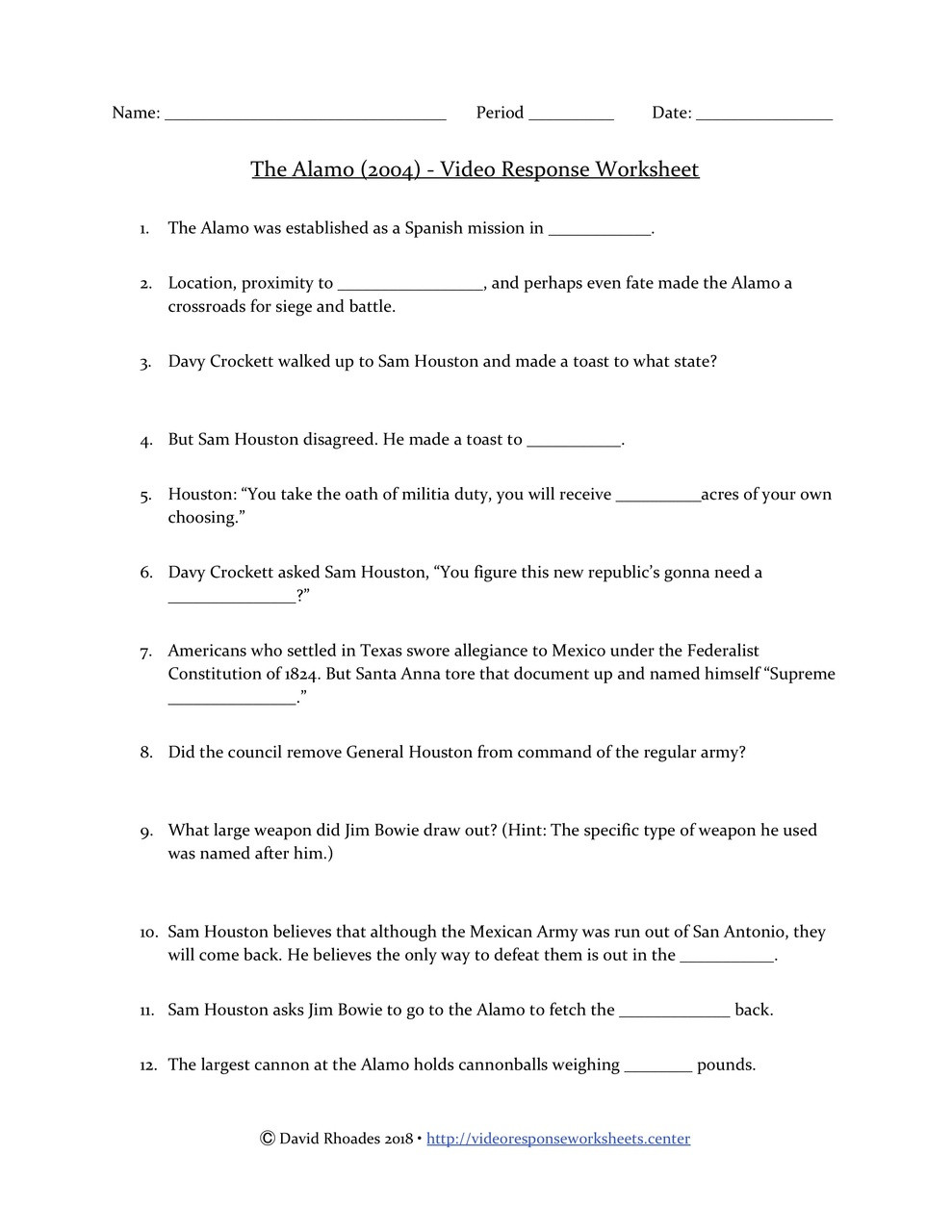 The Alamo (2004 Movie) - Video Response Worksheet & Key ...