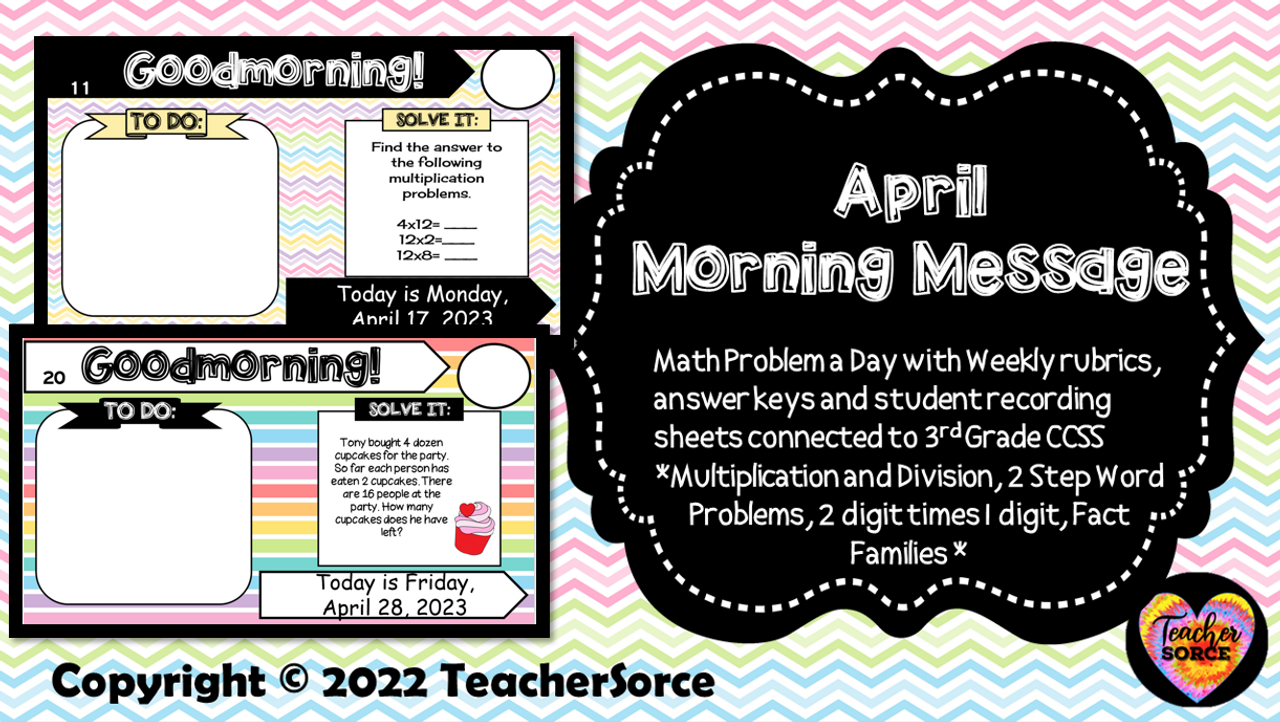 April Math Problem a Day Third Grade April Editable Morning Message Solve It