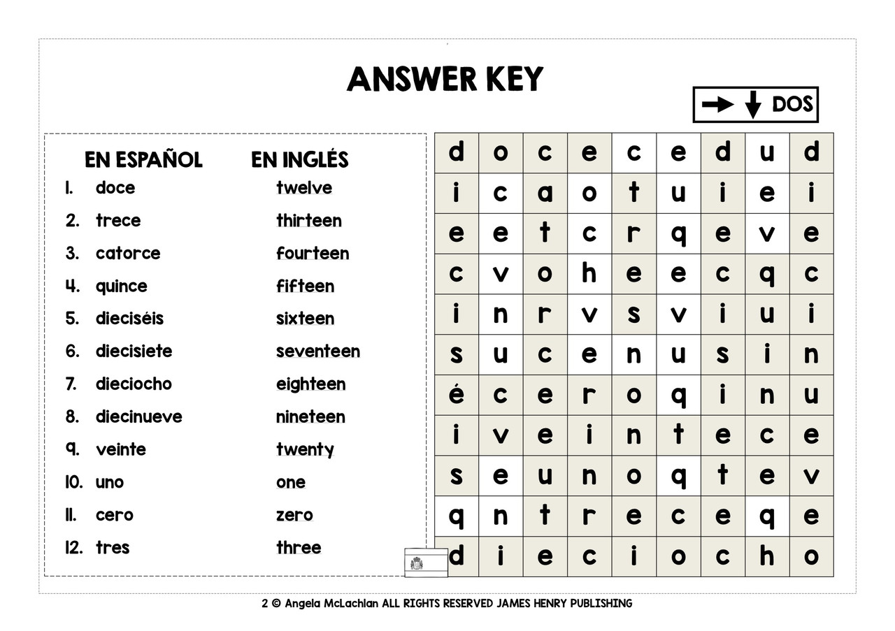 SPANISH NUMBERS 0-20 WORD SEARCHES
