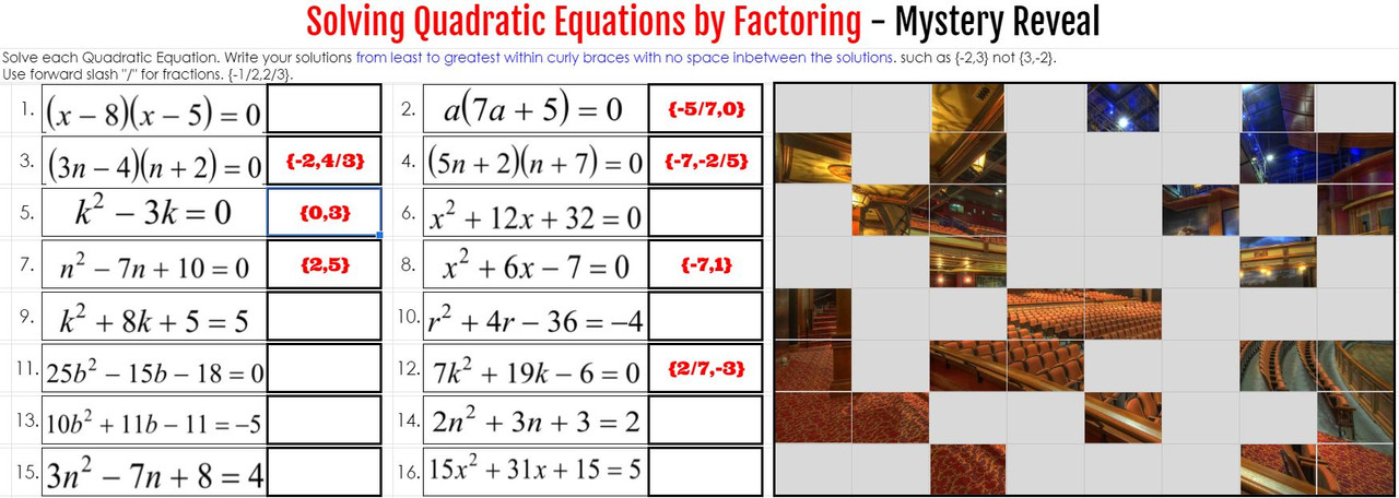 Solving Quadratic Equations by Factoring - Google Sheets Mystery Picture