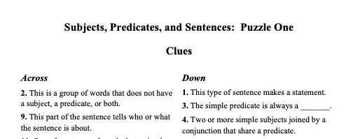 Two Crossword Puzzles on Subjects, Predicates, and Sentences