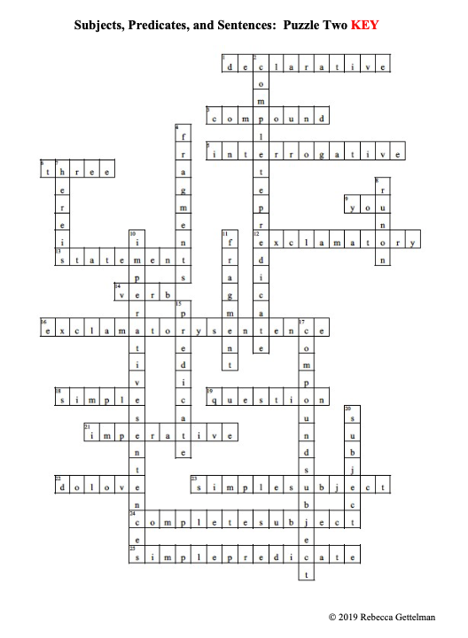Two crossword puzzles on subjects, predicates, and sentences