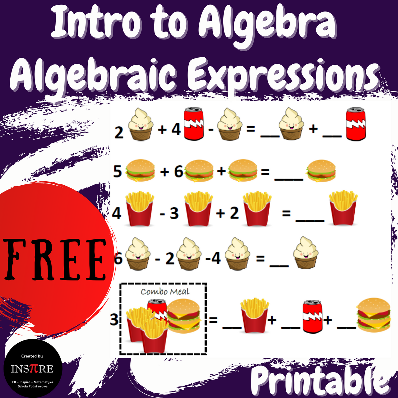 FREE Algebra INTRO to Algebraic Expressions Combining Like Terms Food Printable