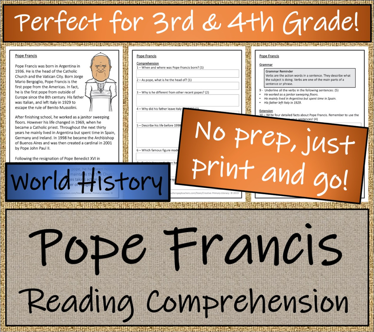 Pope Francis Close Reading Activity | 3rd Grade & 4th Grade