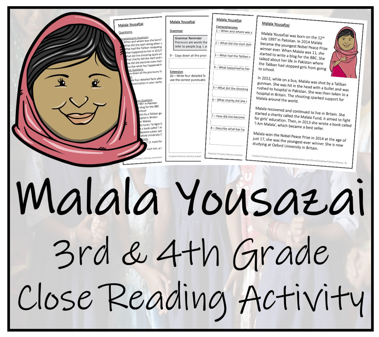 Malala Yousafzai Close Reading Activity | 3rd Grade & 4th Grade