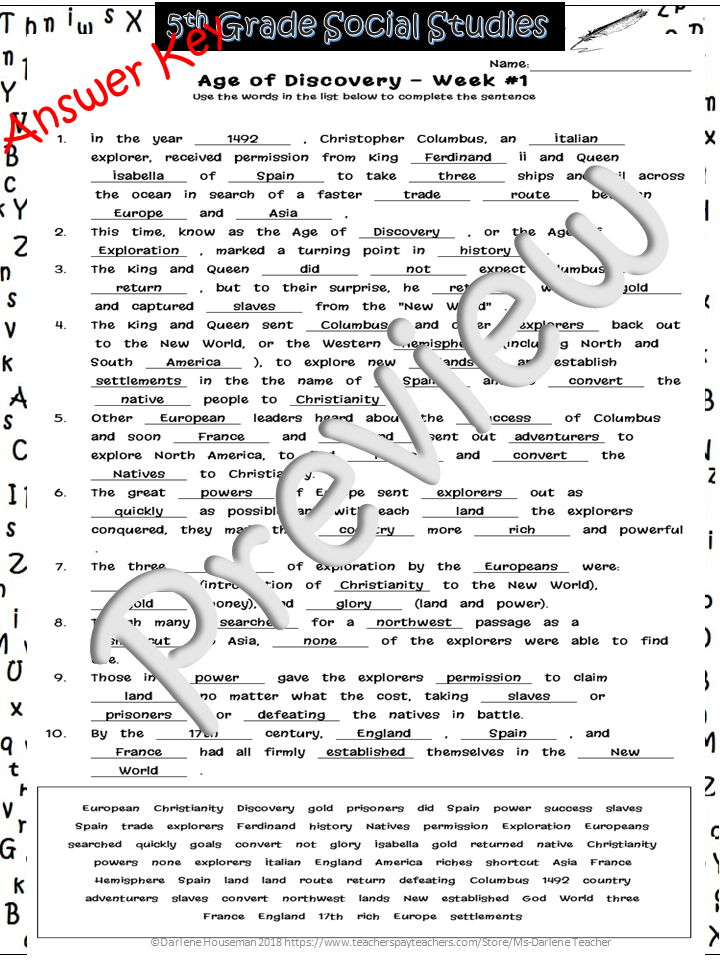 Age of Discovery Cloze/Fill In the Blank~#1~Social Studies Weekly~NO ...
