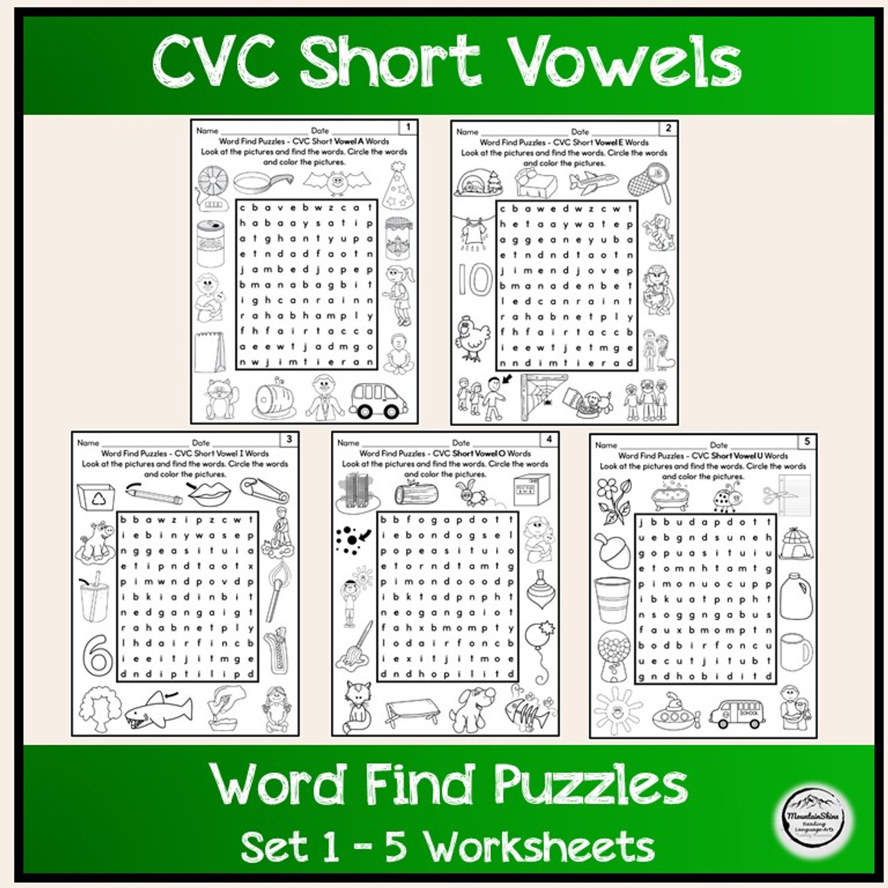 Word Find Puzzles CVC Short Vowel 