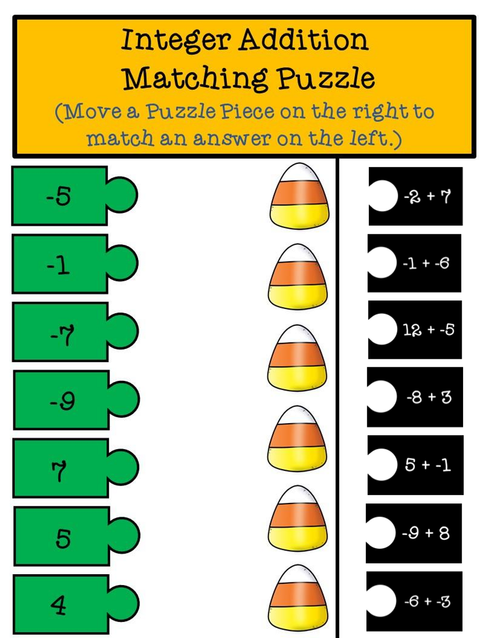 Halloween Integer Addition and Subtraction Matching Puzzle