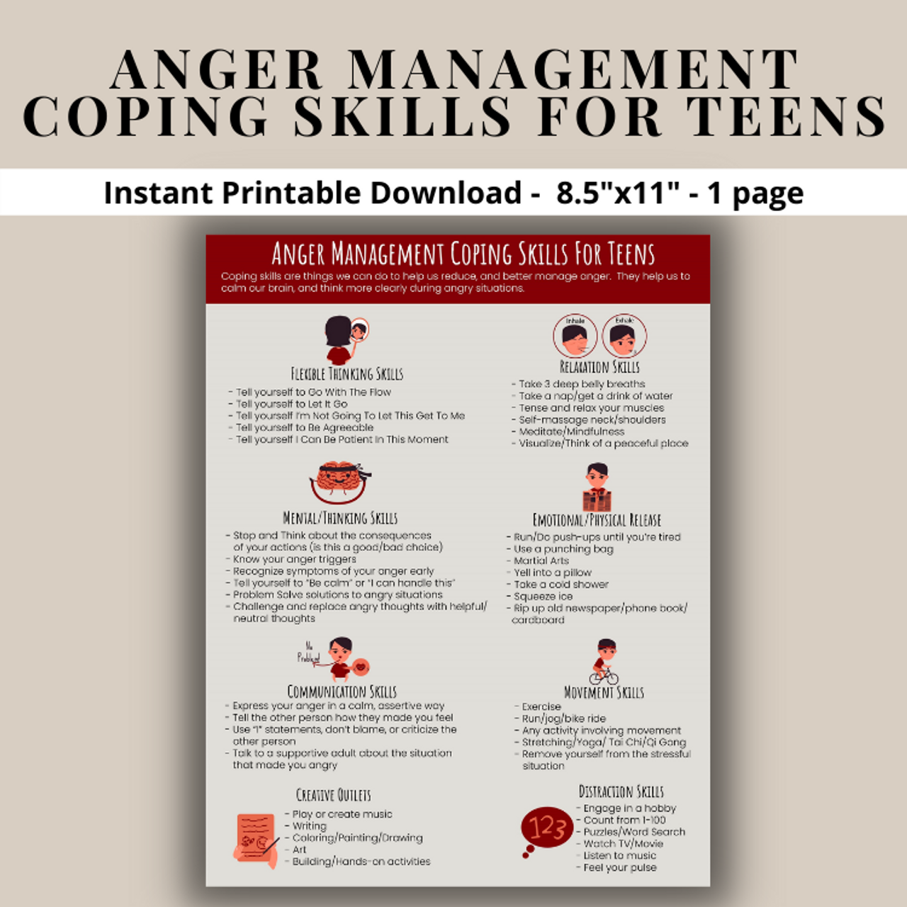 Anger Management Coping Skills For Teens Printable Poster - Managing Anger Handout - Teen Calming Skills Calm Down Strategies