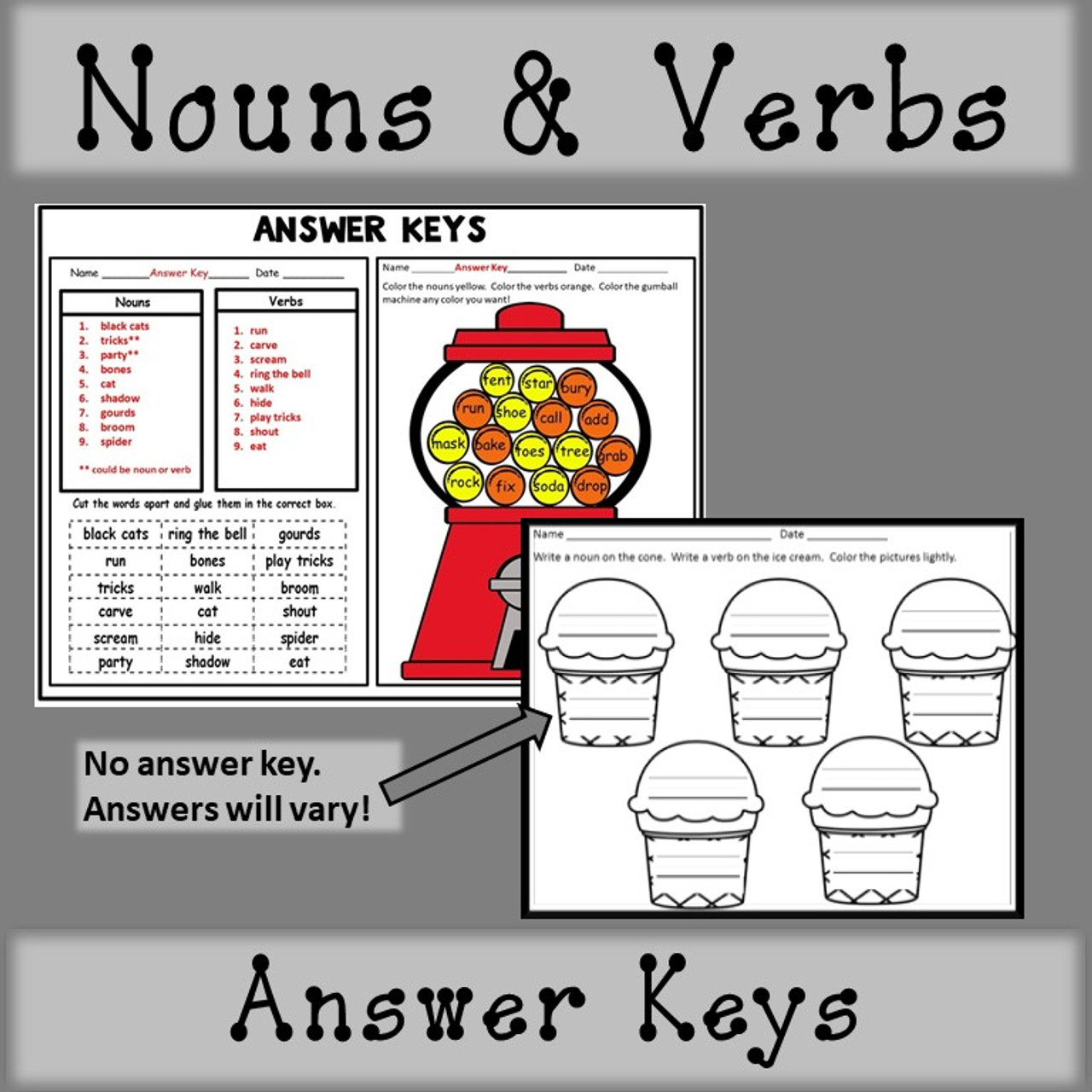 Nouns & Verbs Literacy Center with Worksheets Halloween Theme