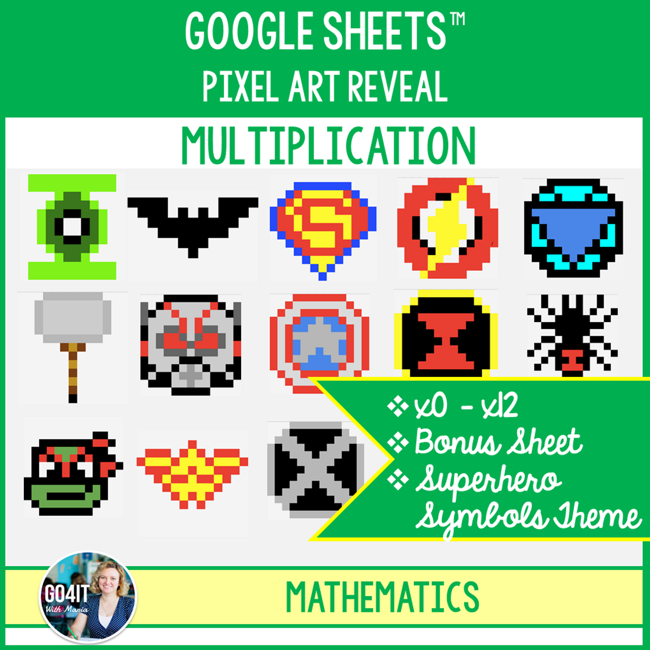 Google Sheets™ Pixel Art Reveal – Multiplication - Superhero Symbols  Inspired