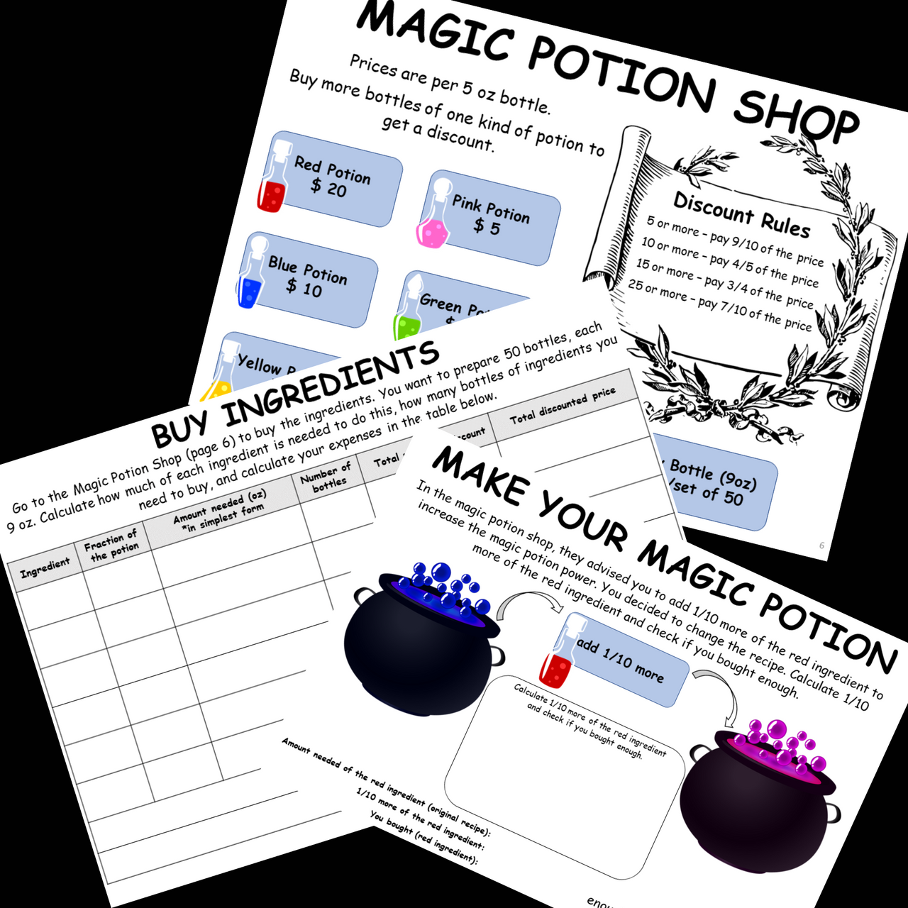 FRACTIONS Project Based Learning Make Magic Potion Halloween Math PBL Enrichment