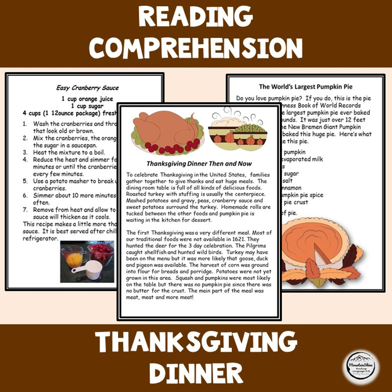 Reading Comprehension & Math  Worksheets - Thanksgiving Dinner