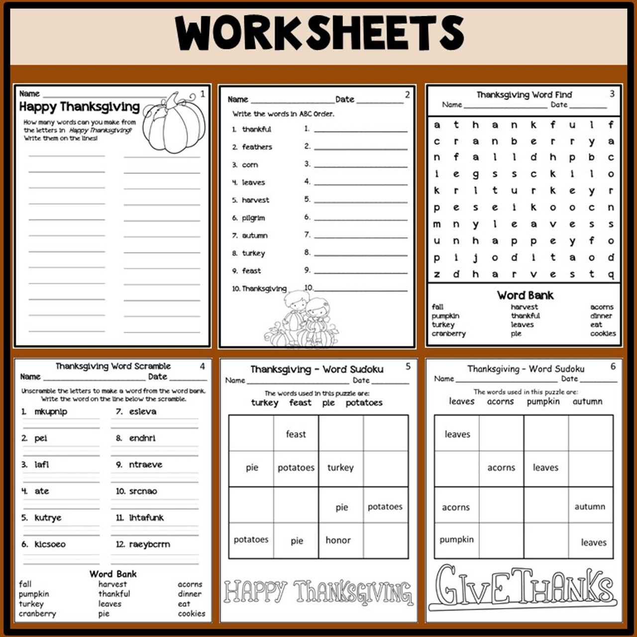 thanksgiving worksheets morning work print and go