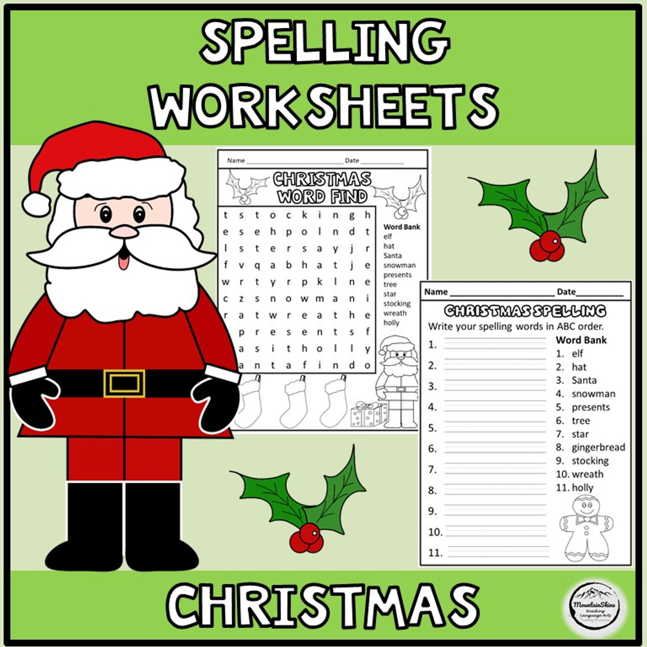 Christmas Spelling Word Cards & Worksheets - Print & Go