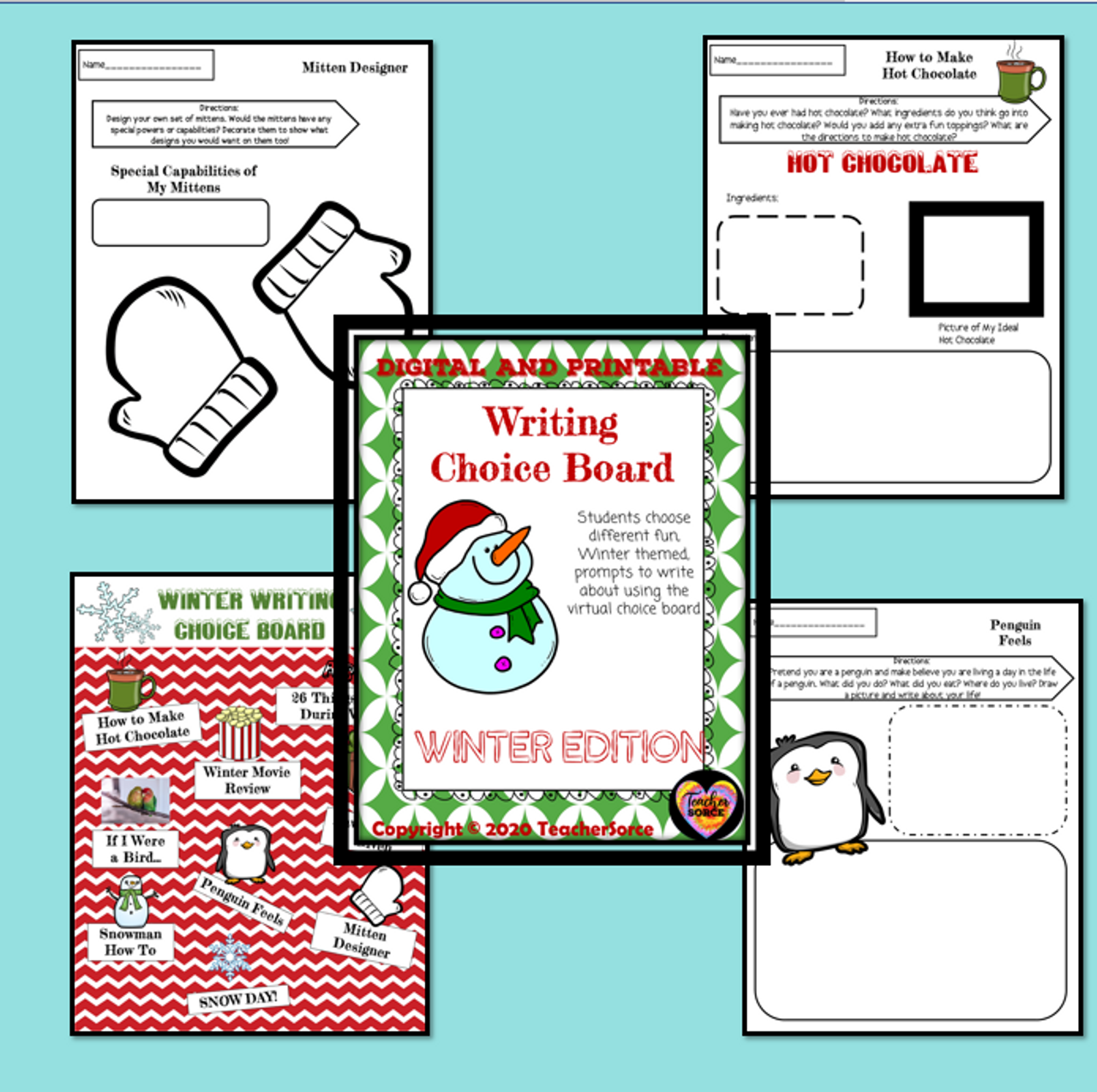 Winter Choice Boards-Math, Reading and Writing Digital and Printable