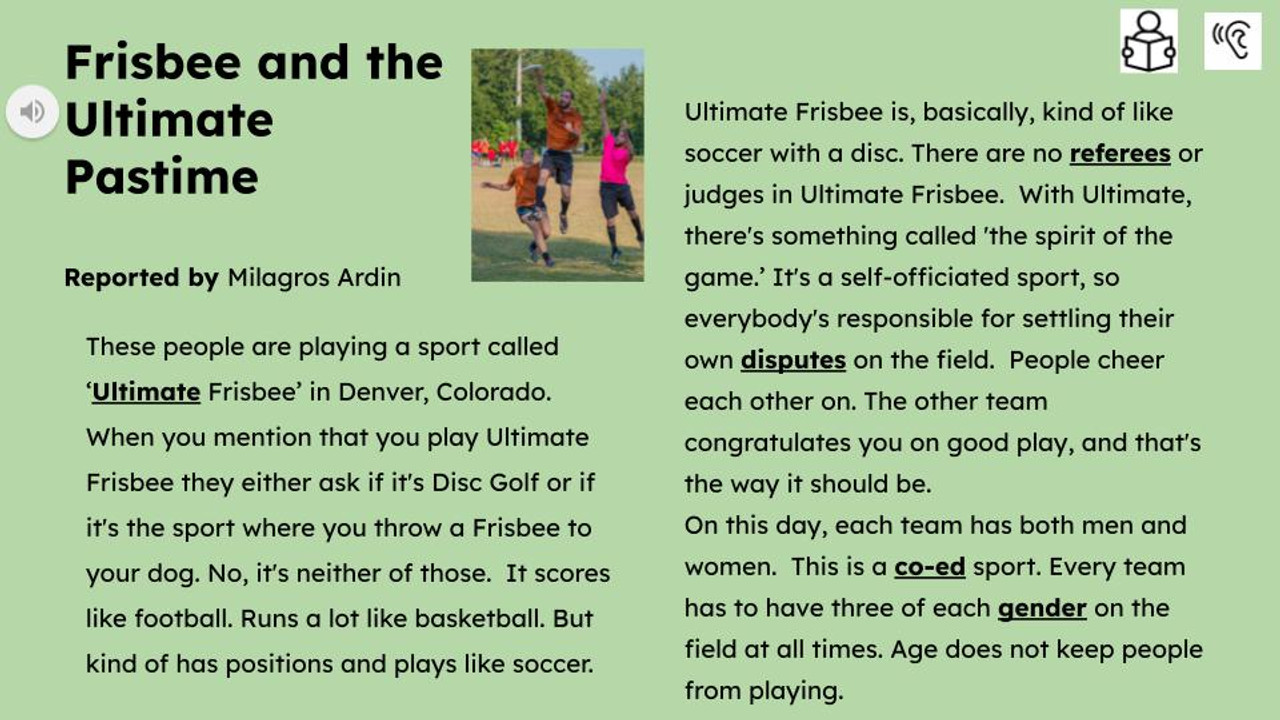 Ultimate Frisbee Informational Text Reading Passage and Activities