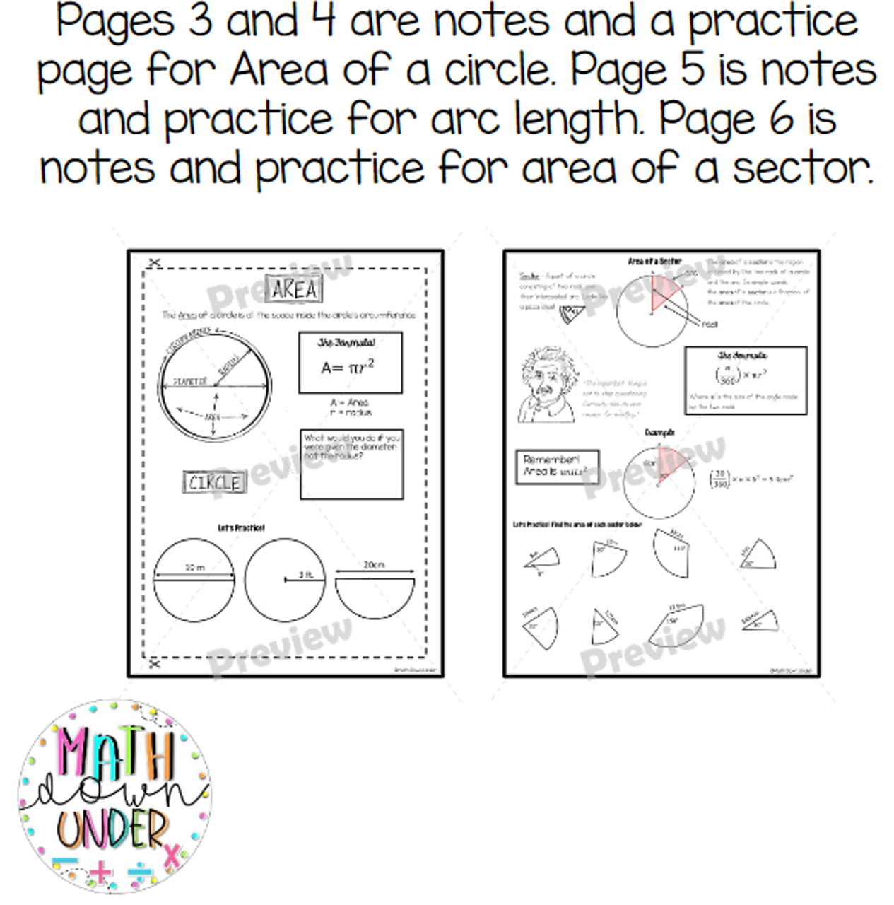 Area Circumference of Circles - Arc Length and Area of Sectors Notes + Practice