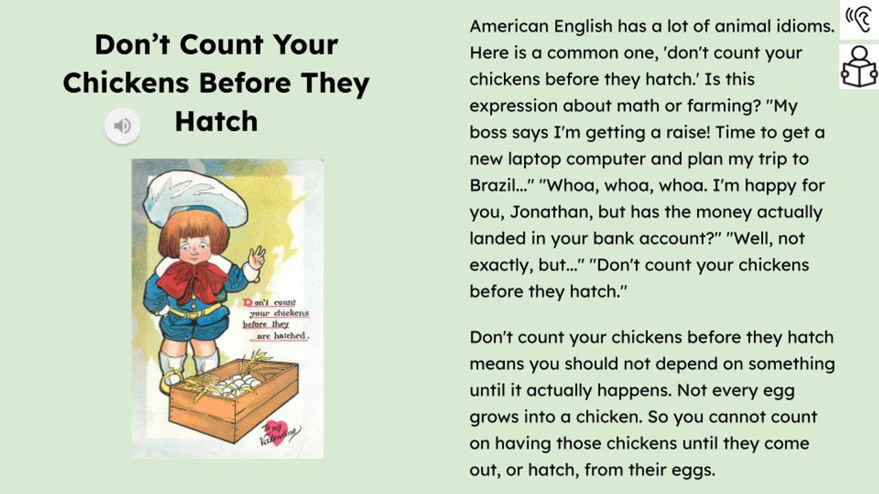 Don't Count Your Chickens Before They Hatch Figurative Language Reading Passage and Activities