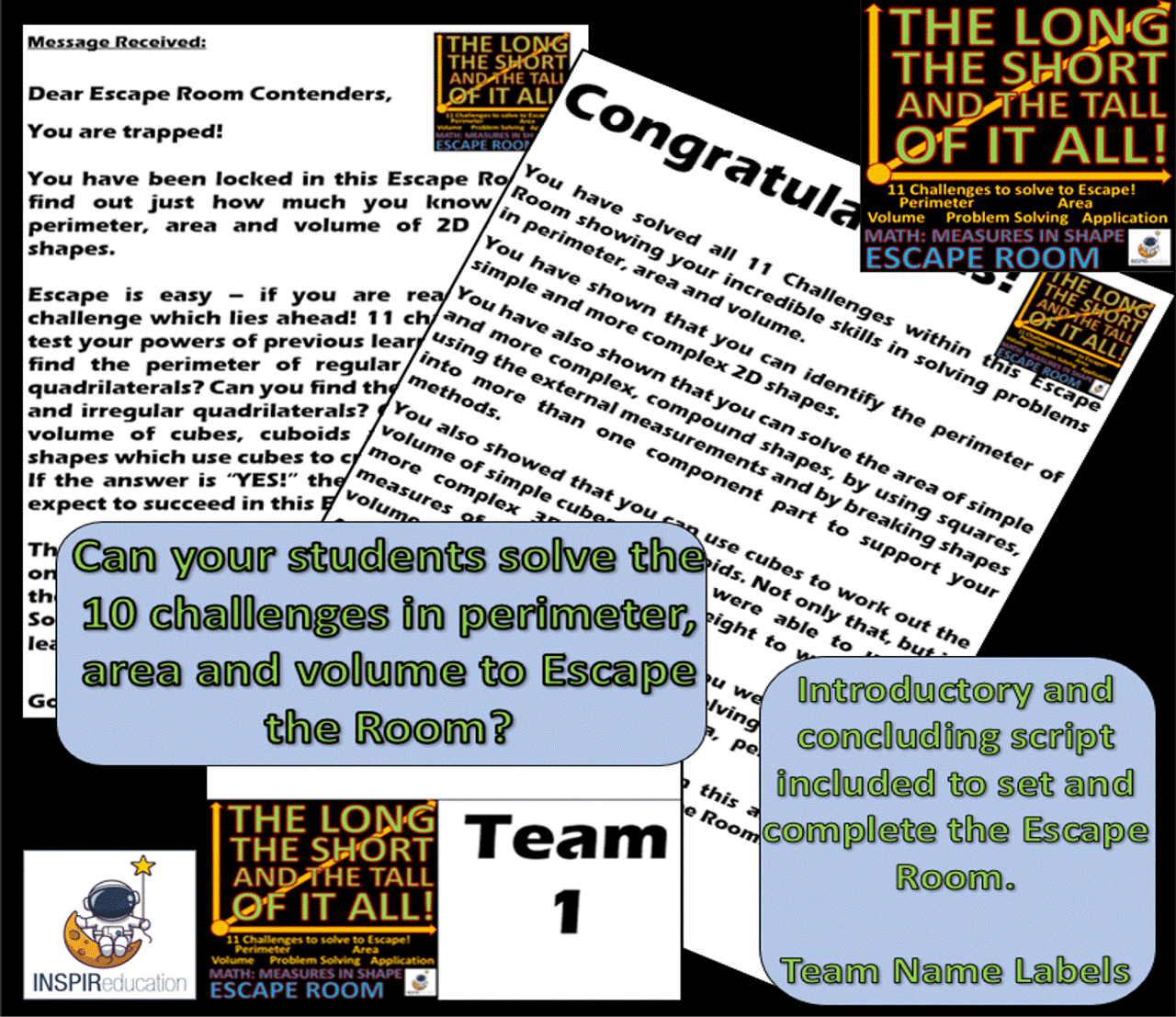 escape room math perimeter area and volume simple and compound shapes 12 challenges and answer key