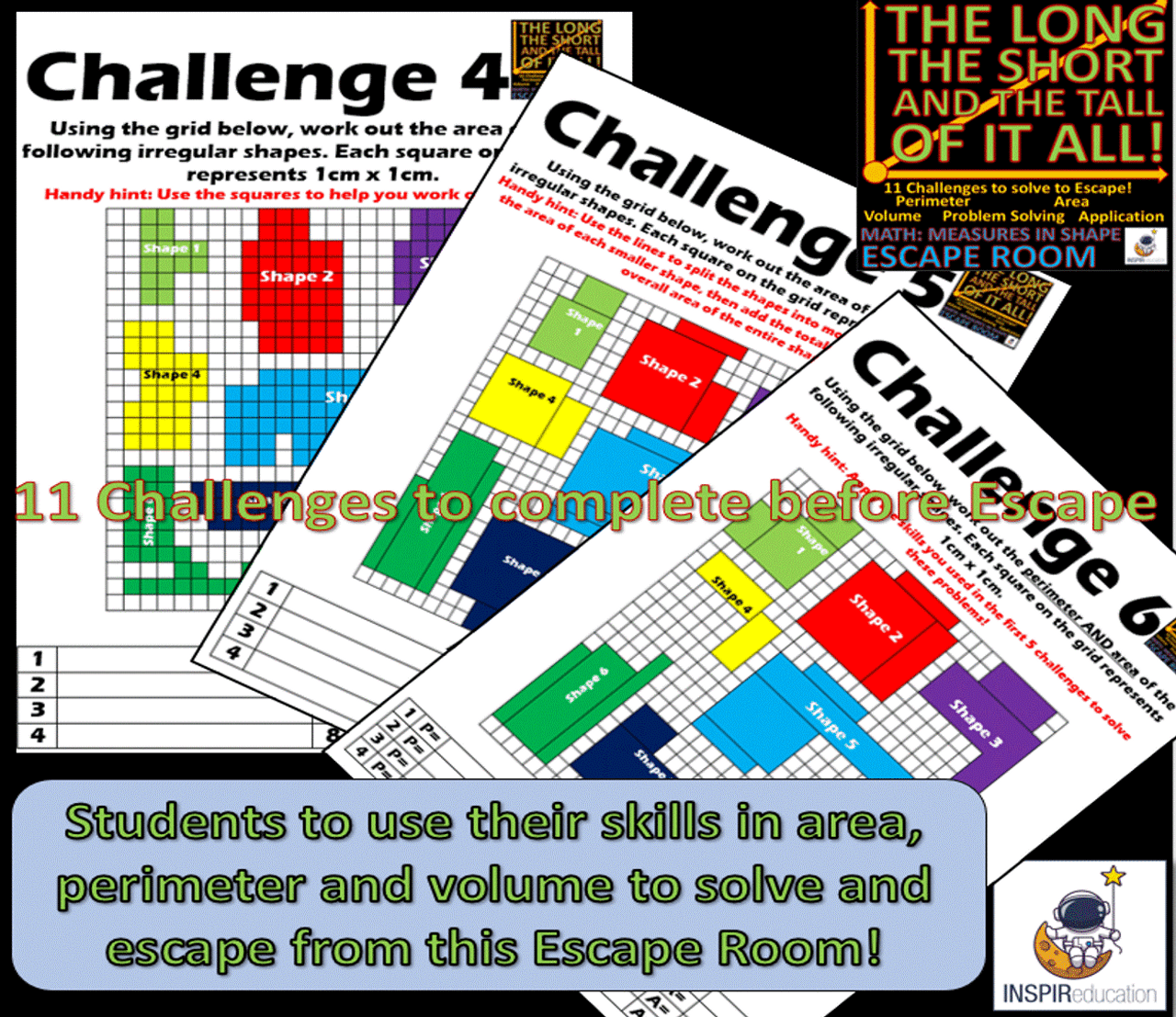 escape room math perimeter area and volume simple and compound shapes 12 challenges and answer key