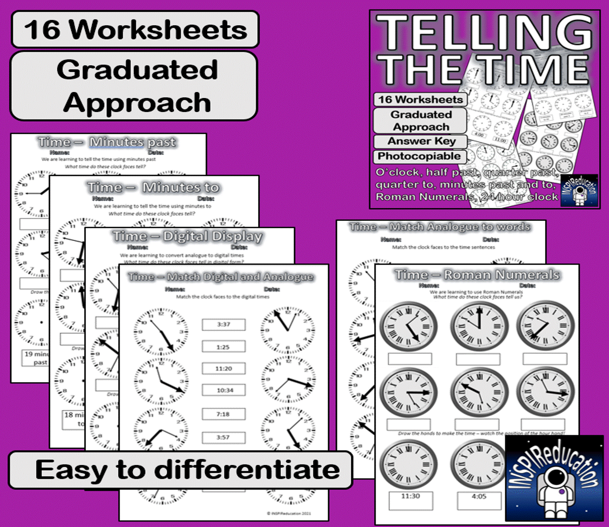 MATH: TIME PROBLEM SOLVING, reading clock faces, 16 Worksheets, Answer ...