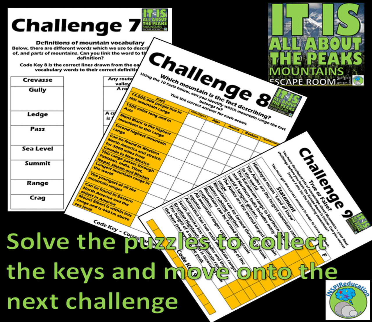 Geography Escape Room: Mountains - 9 Challenges, Answer Key, Resources and student workbook