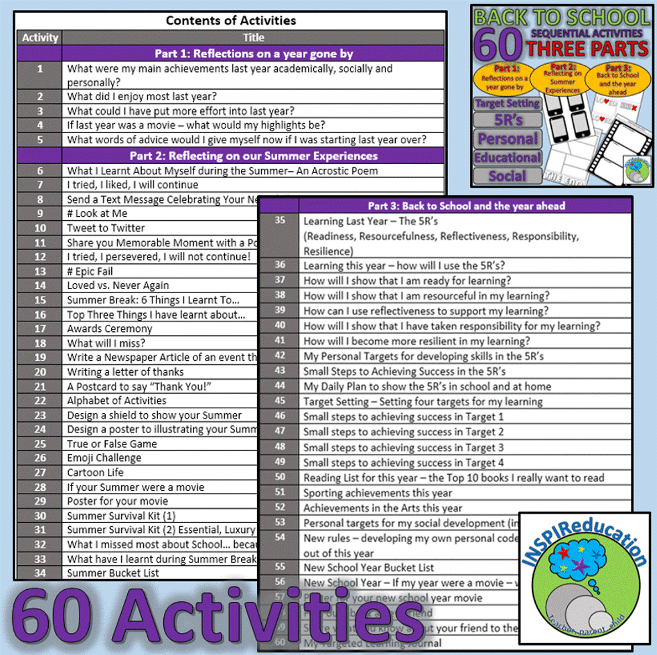 BACK TO SCHOOL ACTIVITY PACK: 60 Activities, Reflection, Target Setting, Engagement, Get to know students and staff