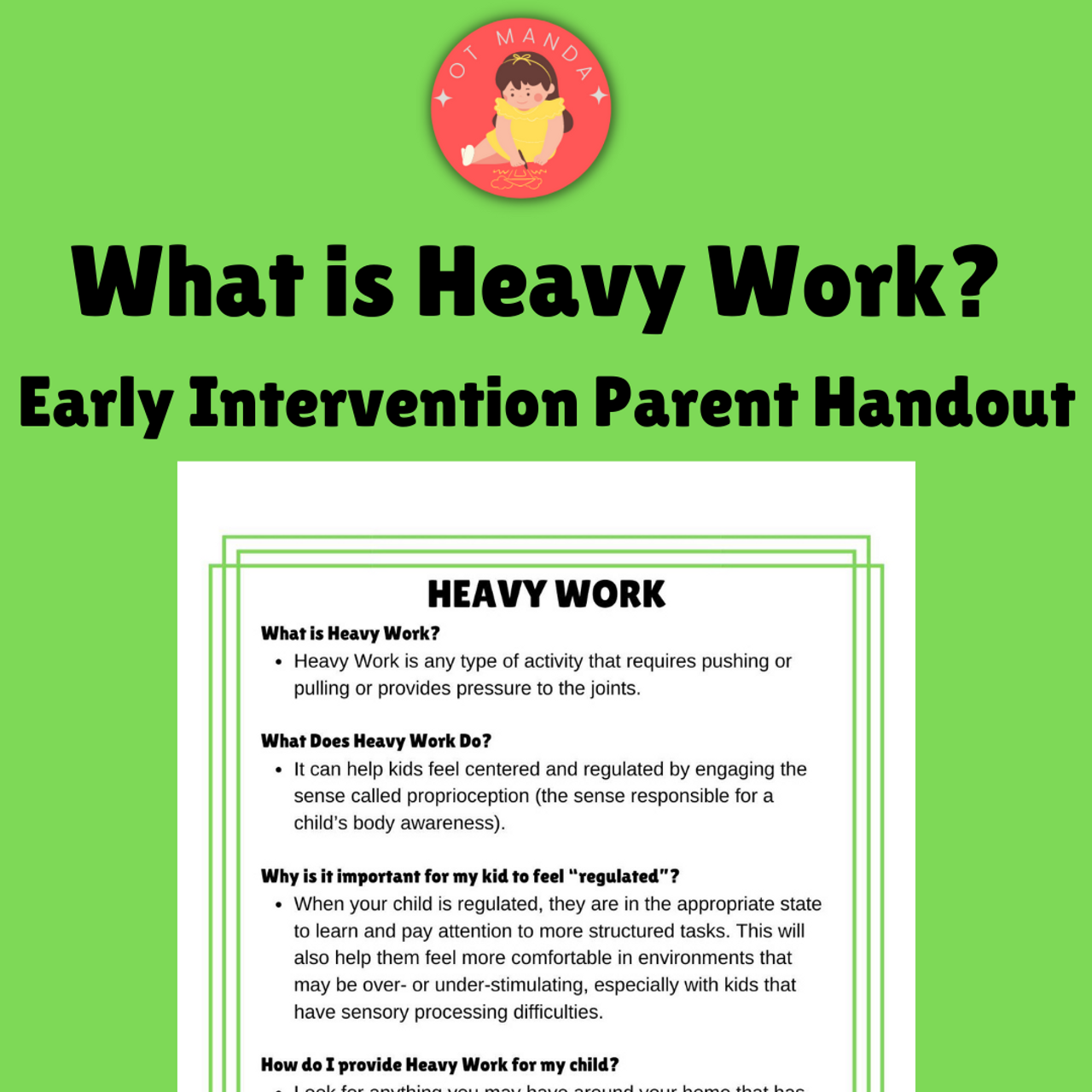 What is Heavy Work | Parent and Caregiver Handout for Early Intervention OT | Occupational Therapy Sensory Processing