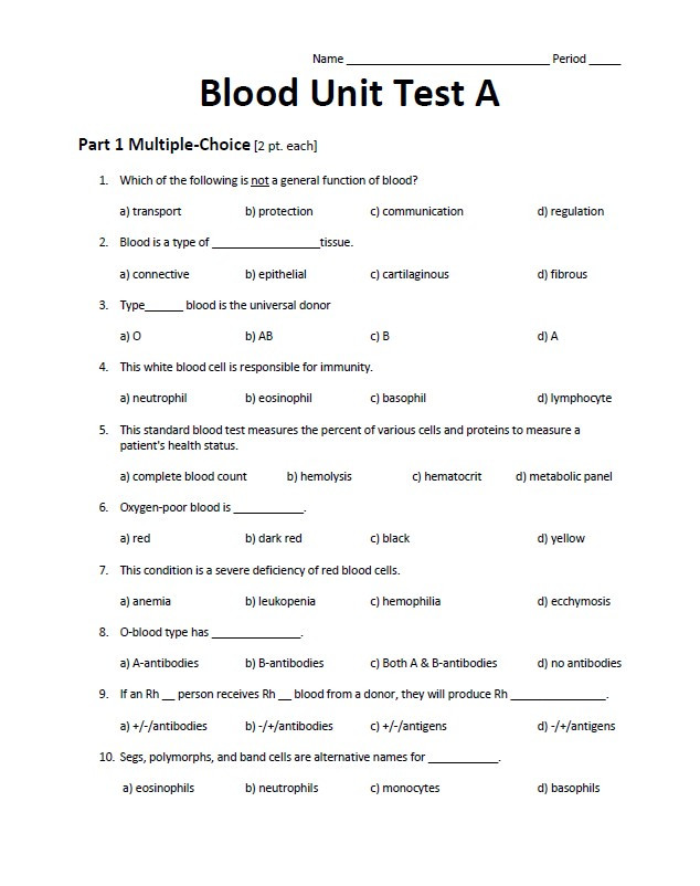 Blood Chapter Test Set A & B