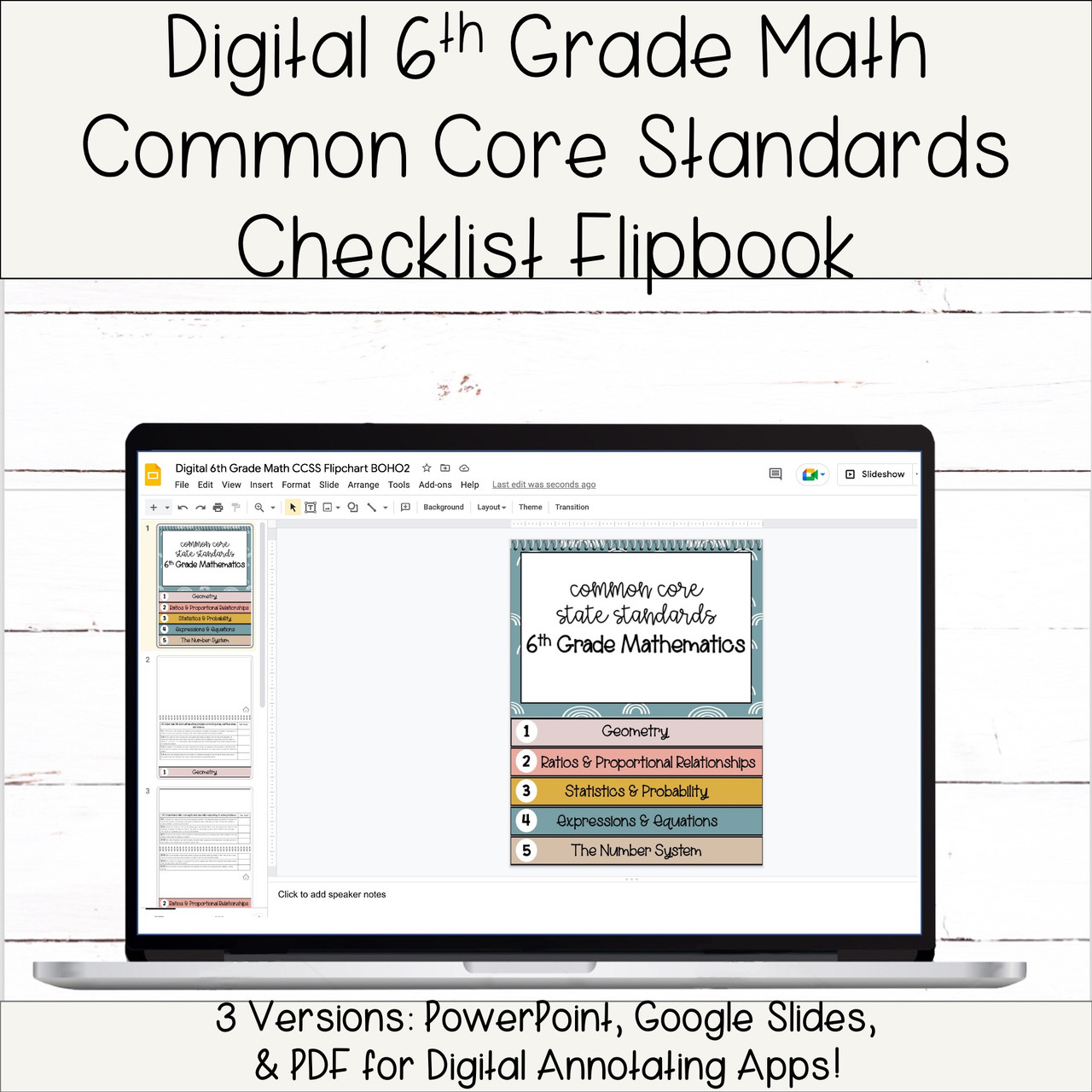 Digital 6th Grade Math Common Core State Standards Checklist Flipbook - Boho Version