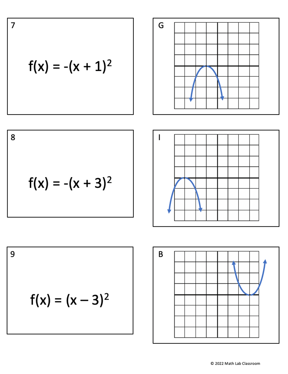 Matching Quadratic equations to graphs activity