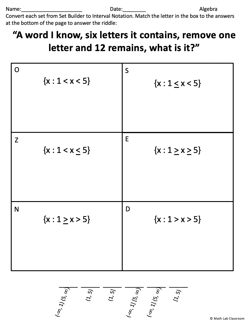 Interval Notation and Set Builder Notation Riddle