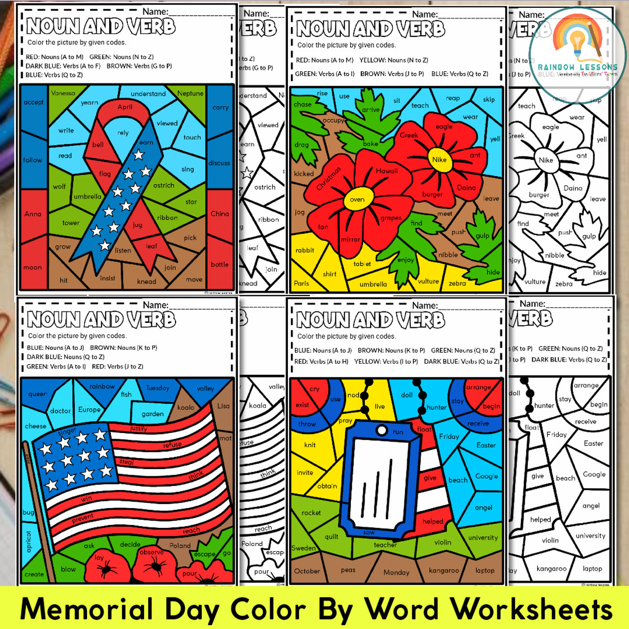 Memorial Day Color By Code | Memorial Day Coloring Pages | Nouns and Verbs Sort