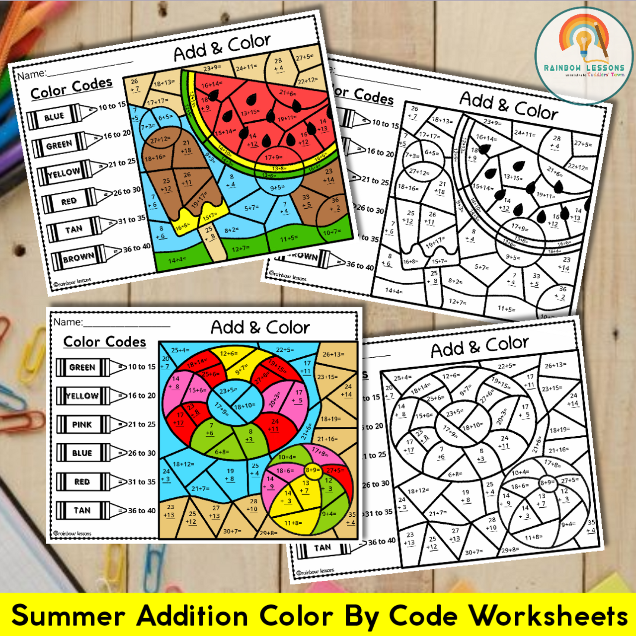 Summer Coloring Sheets | Summer Addition Color By Number | Summer Coloring pages | 2 digit Addition with and without Regrouping 