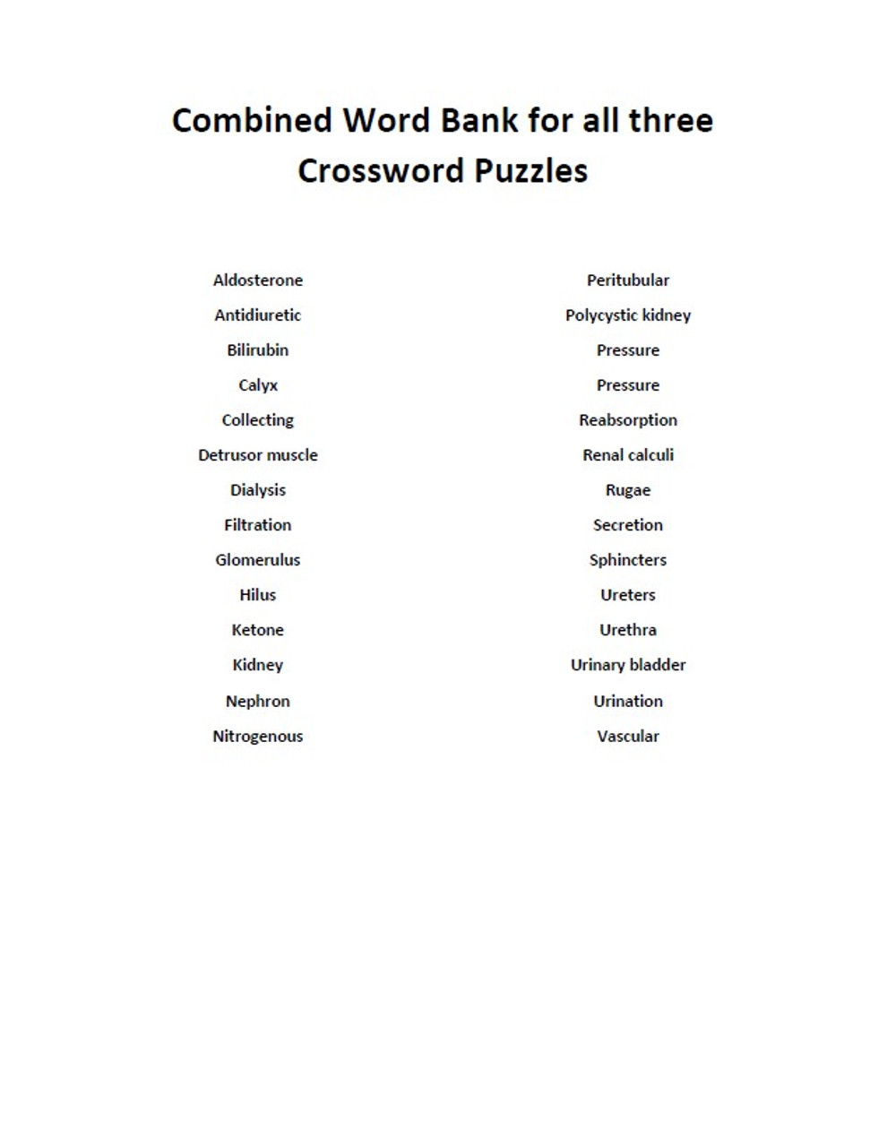 Urinary System Crossword Puzzle Series