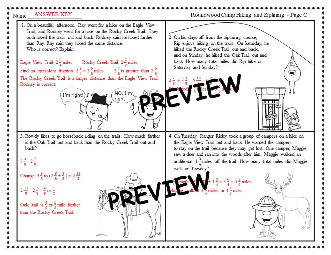 4th Grade Math Worksheets - Word Problems - Whole Numbers, Fractions