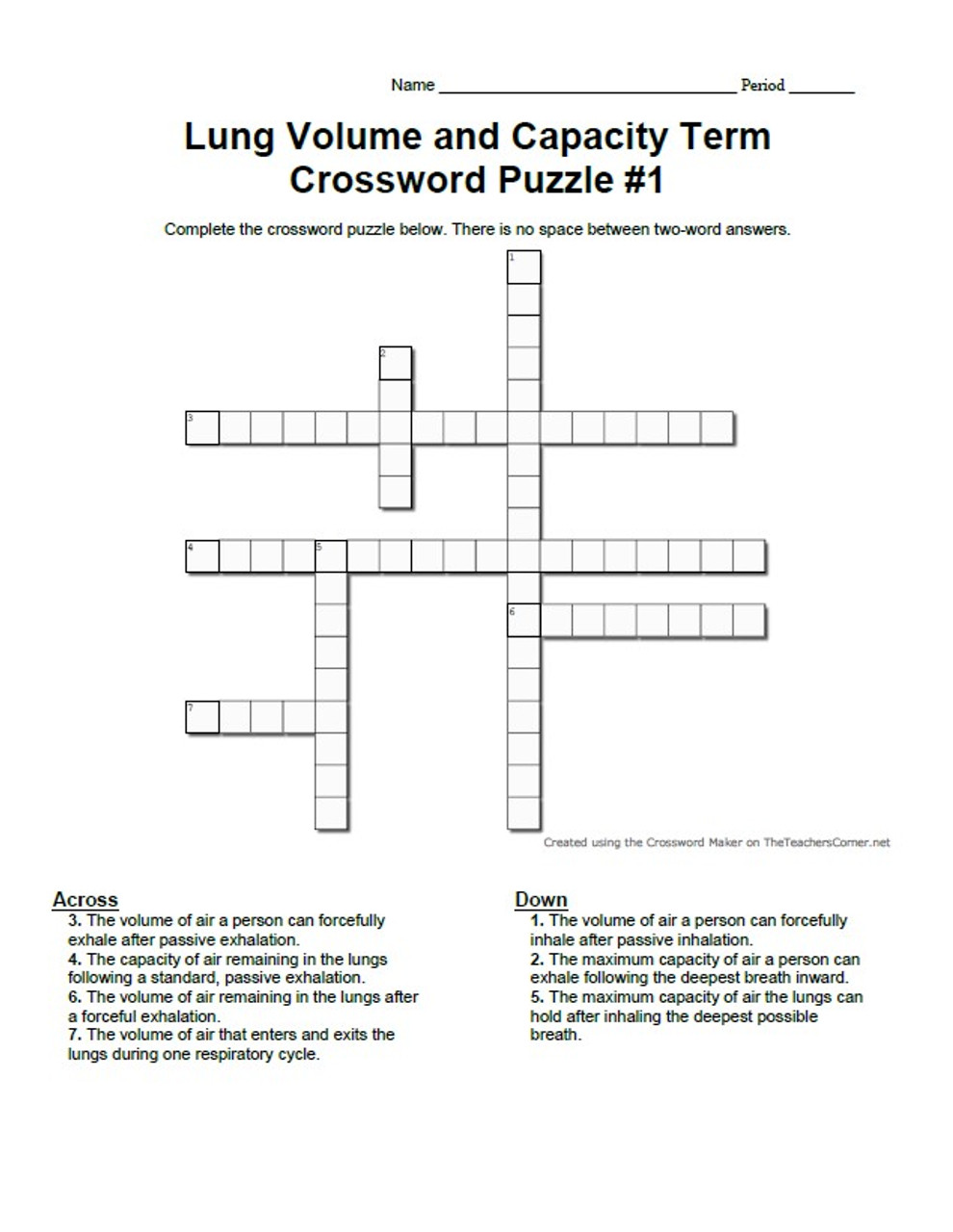 Lung Volume and Capacity Term Crossword Puzzle Set